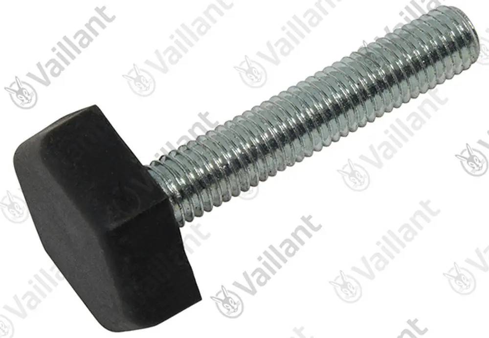 Schraube mit quadratischem, schwarzem Kopf und gewindeloser metallener Verlängerung, hergestellt von Vaillant.